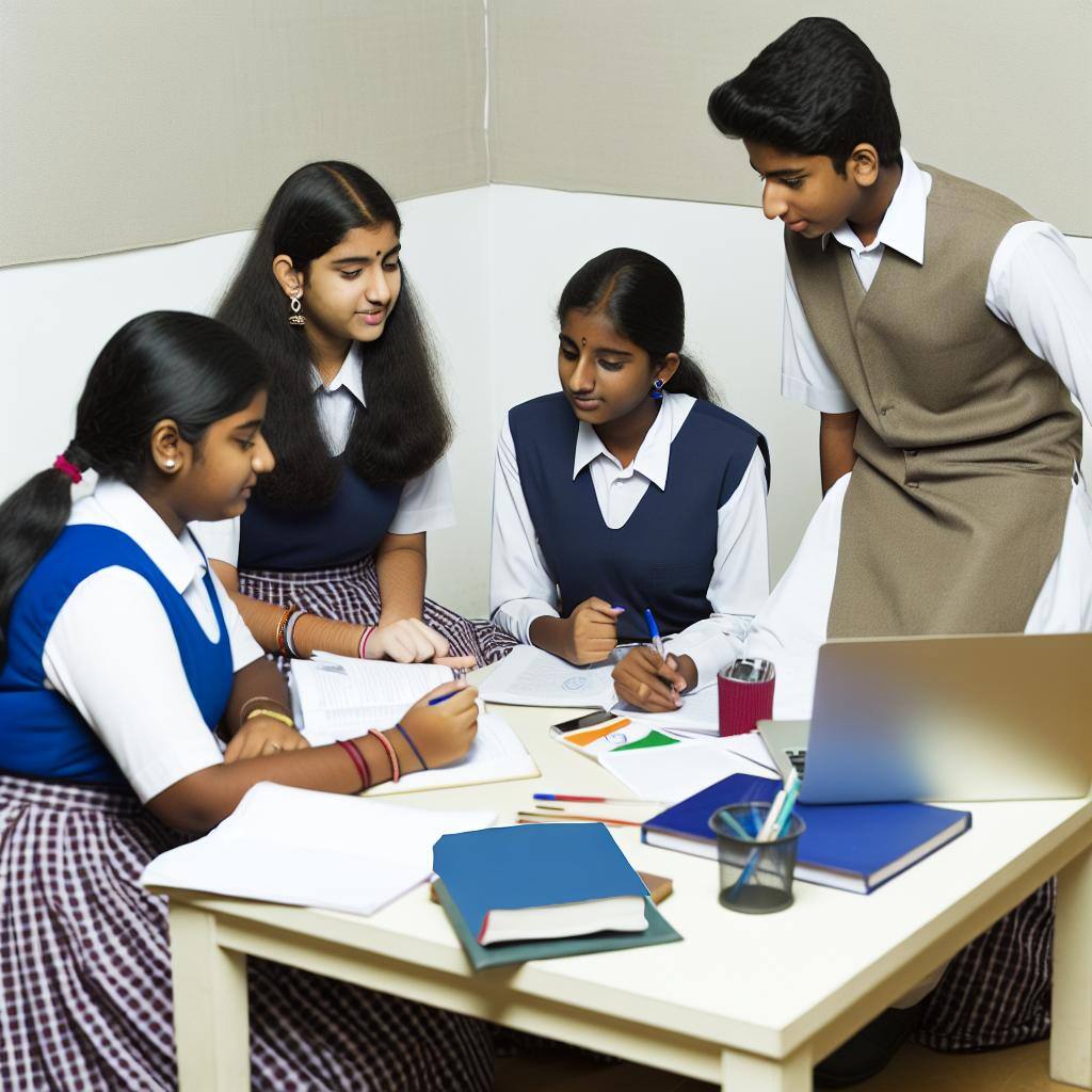 Indian high school four students in uniform doing collaborative learning